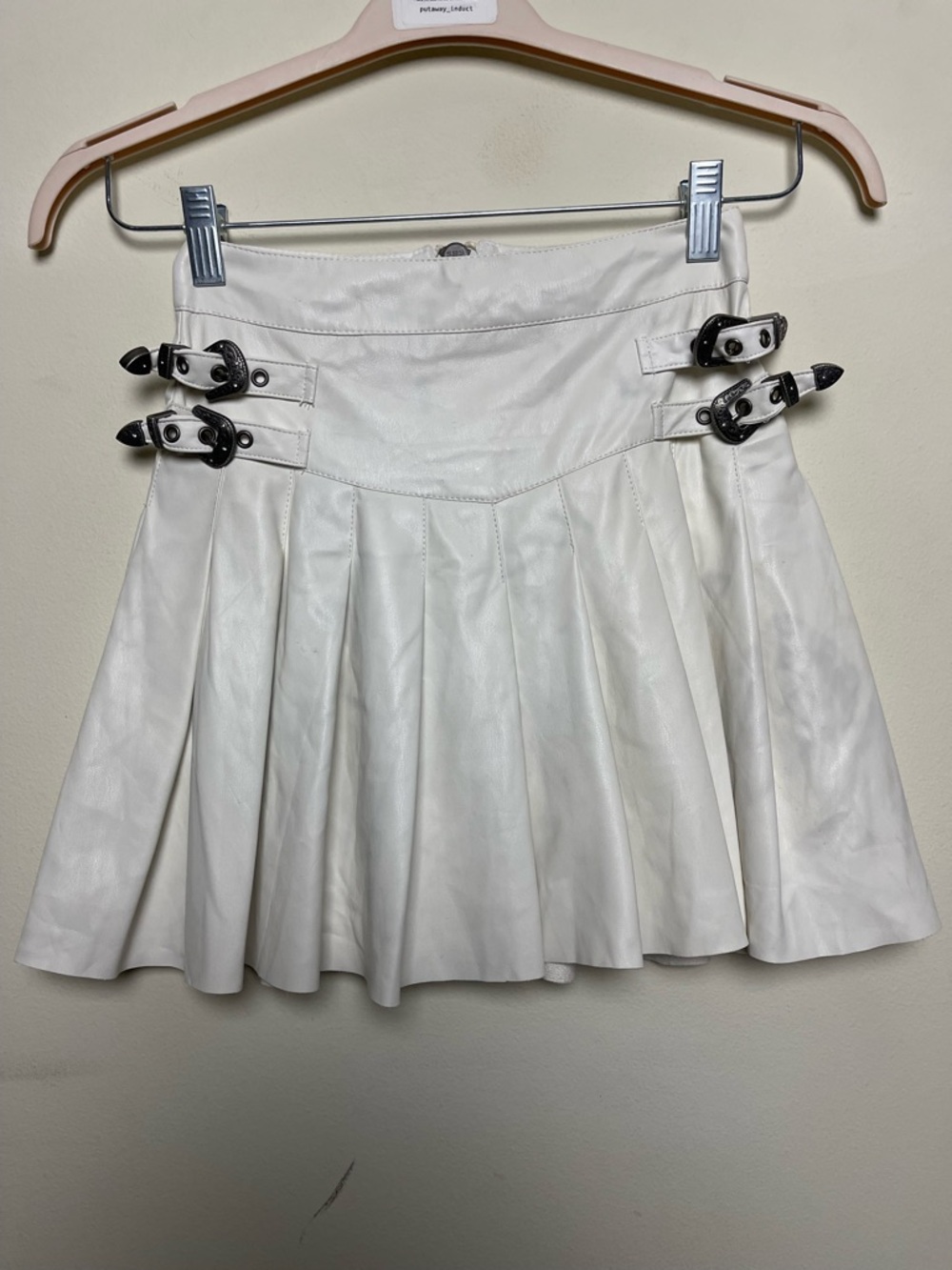 POSTER GIRL White Pleated Skater Mini Skirt with Black Buckle Accents